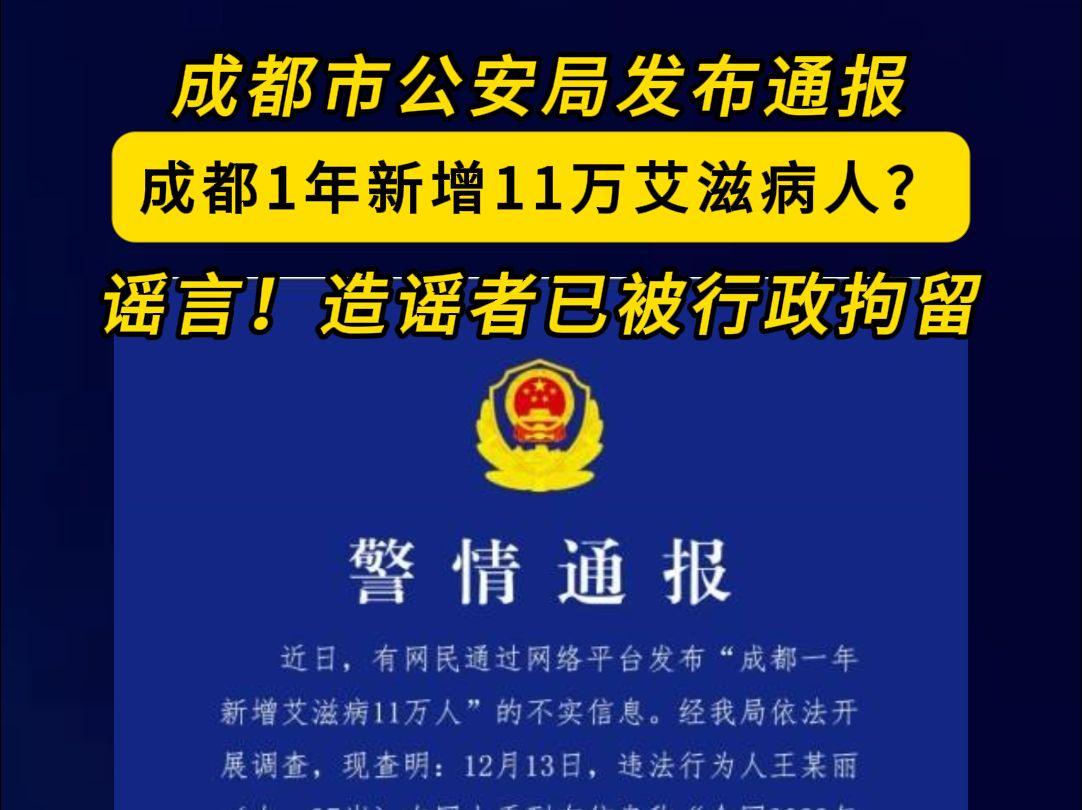 警方辟谣成都1年新增11万艾滋病人,造谣者已被行政拘留哔哩哔哩bilibili