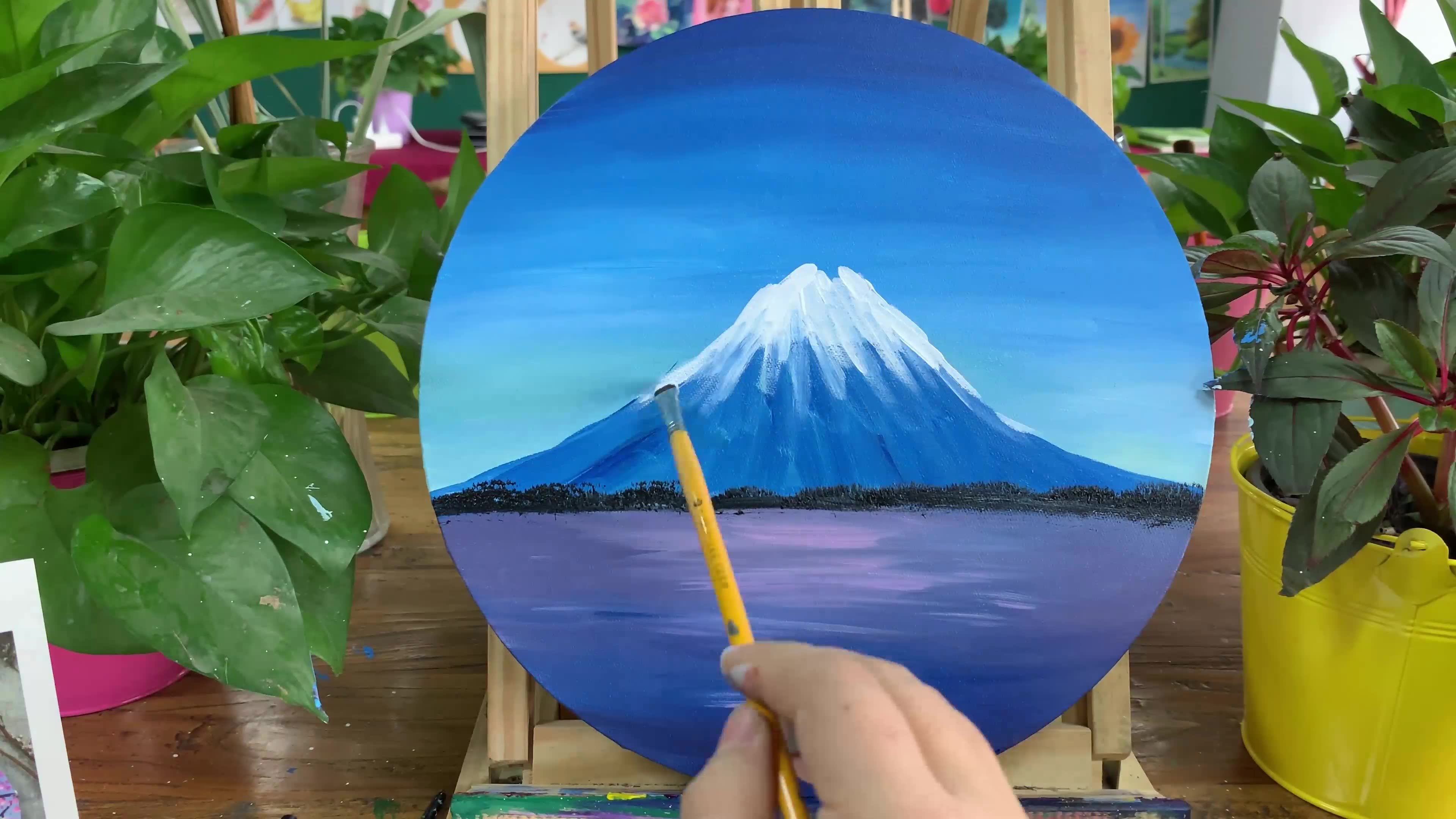 教你画油画富士山樱花美景 丙烯画风景雪山示范全过程 绘画教程哔哩哔哩bilibili