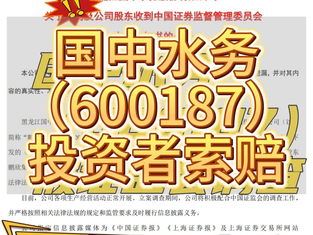 国中水务(600187)证监会立案调查,投资者索赔启动哔哩哔哩bilibili