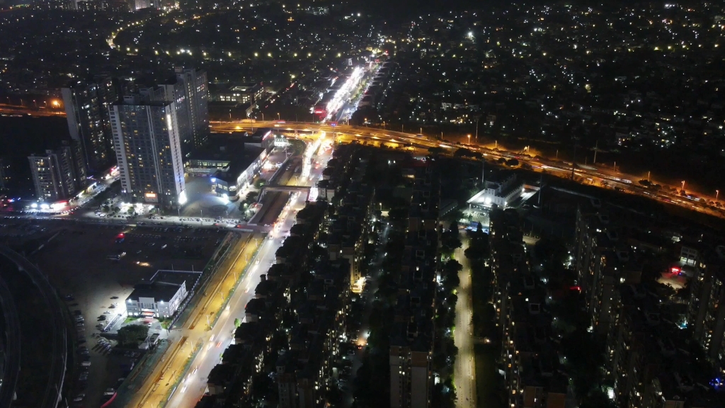 广州东部交通枢纽新塘板块夜景延时航拍