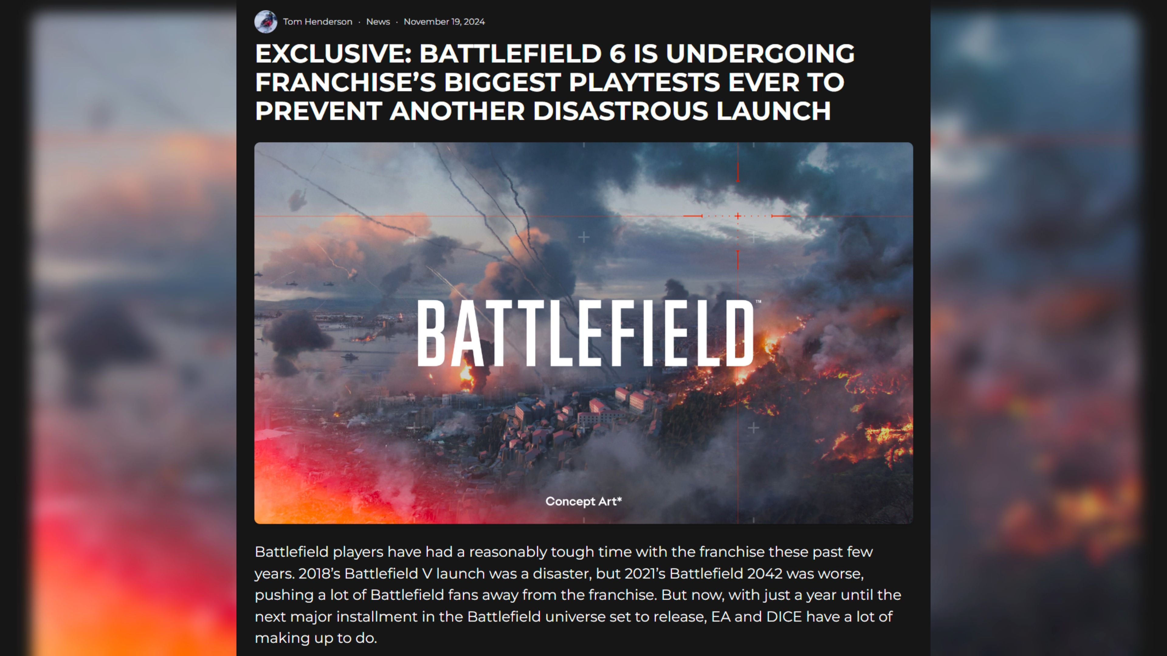 新战地消息|汤姆汉德森爆料:战地6正在进行有史以来最大规模的玩家