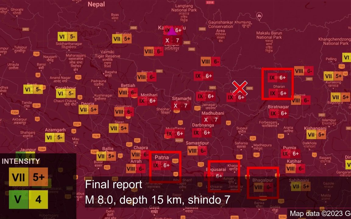 【Shindo 7】1934年尼泊尔印度大地震,矩震级8.0级,设想的紧急地震速报,地震模拟.哔哩哔哩bilibili