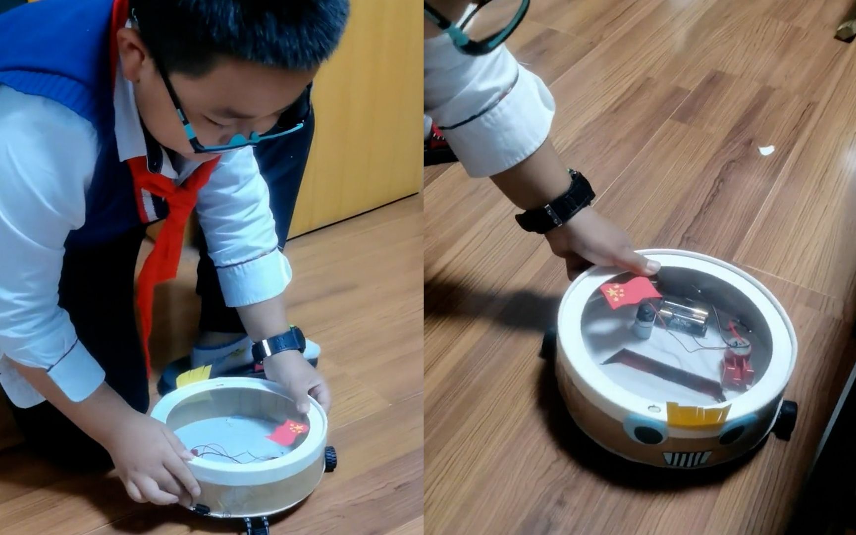 爱发明的小暖男!9岁男孩为妈妈自制扫地机,网友直呼未来可期