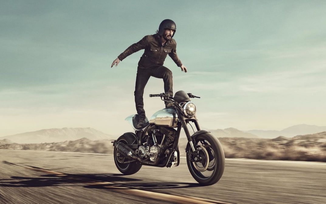 keanu reeves motorcycle surfs in squarespace super bowl ad