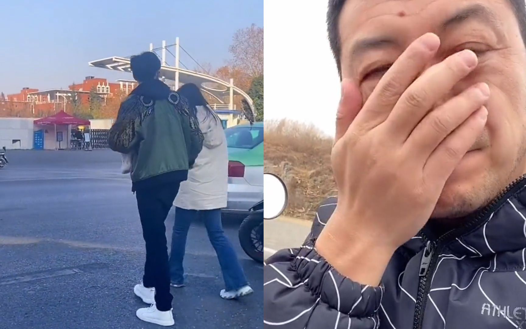 爸爸送女儿去学校,不料女儿刚下车就被一男生接走,无奈捂脸叹气