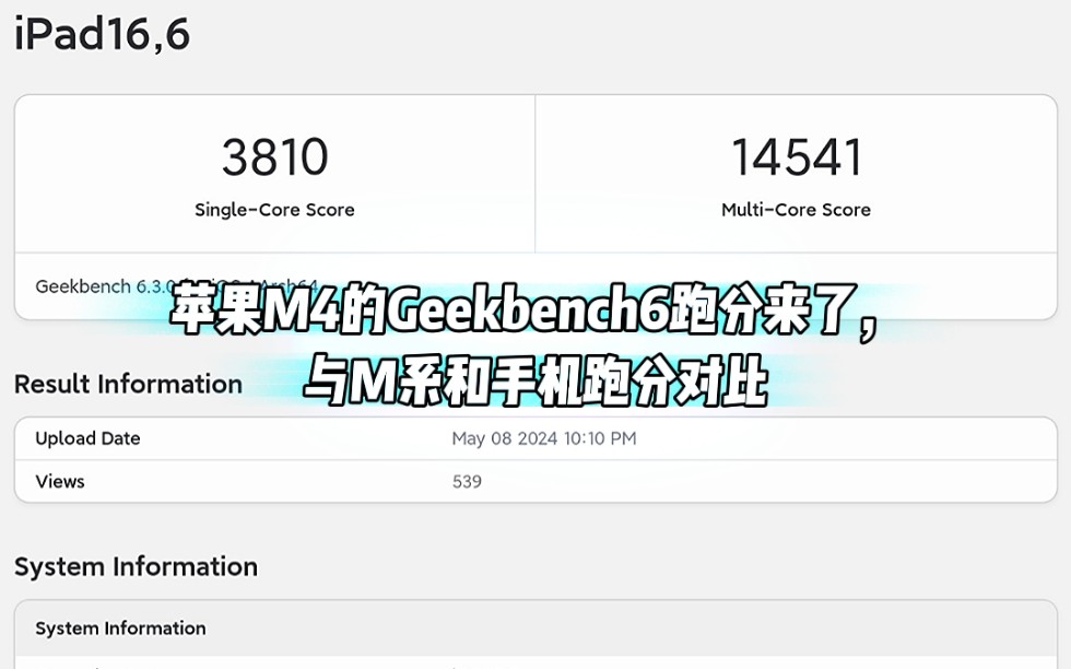 苹果M4的Geekbench6跑分来了,与M系和手机跑分对比哔哩哔哩bilibili