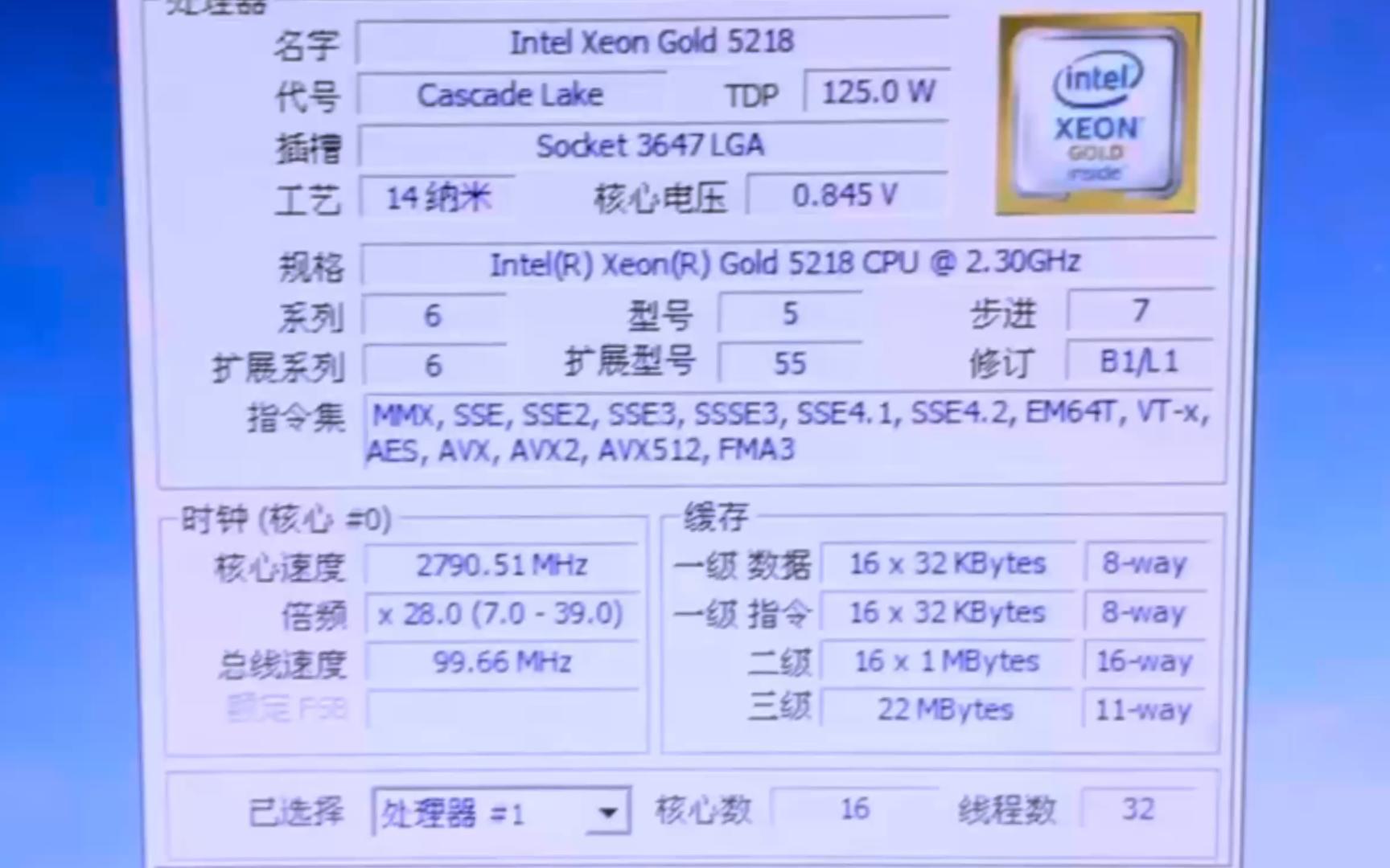 INTEL XEON GOLD 5218处理器默频状态下性能参数和CPUZ测试得分.感谢粉丝"horewop"提供测试视频!哔哩哔哩bilibili