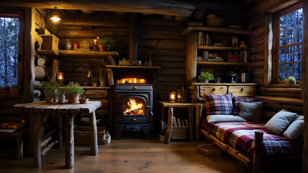 暴风雪氛围凛冽的寒风声和噼啪作响的壁炉燃烧声让您在舒适简陋的小屋