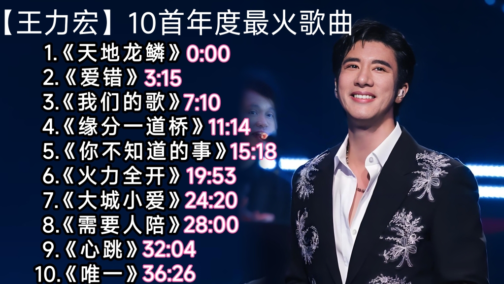 【王力宏】10首年度最火歌曲《天地龙鳞》《爱错》《我们的歌》《缘分一道桥》《你不知道的事》《火力全开》《大城小爱》《唯一》《心跳》