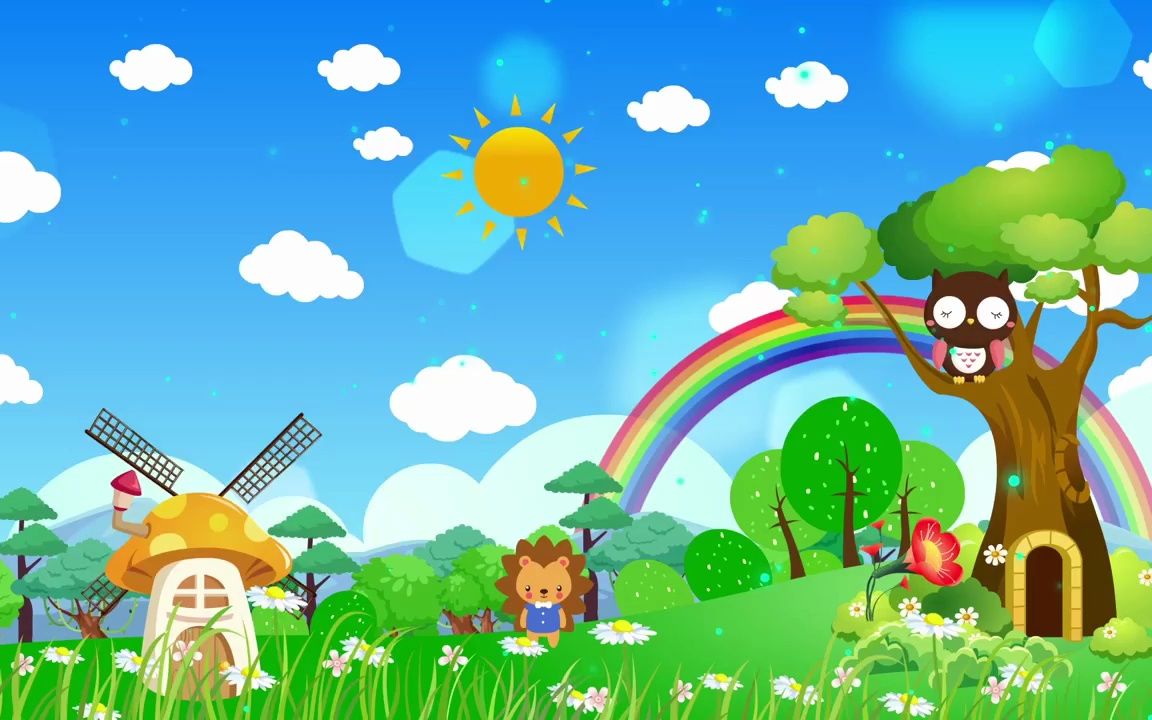 k2863 唯美卡通蓝天白云太阳彩虹大风车高山草地幼儿园元旦春节晚会