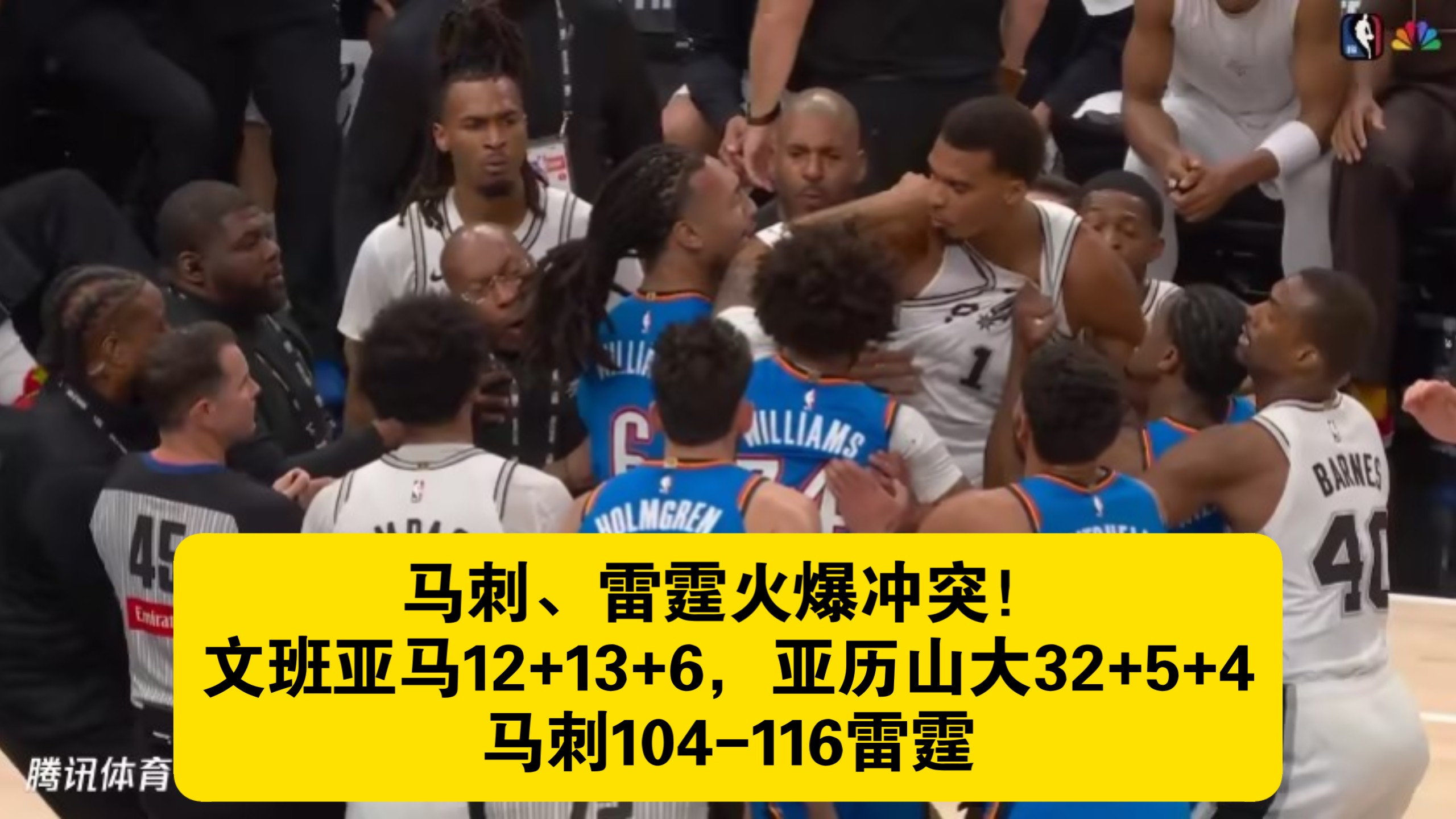 马刺、雷霆火爆冲突！文班亚马12+13+6封盖，亚历山大32+5+4，马刺104-116雷霆