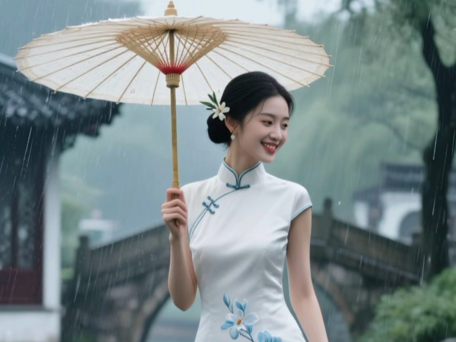 油纸伞遮江南雨,旗袍裁古韵,每一步都晕染水墨诗意长卷