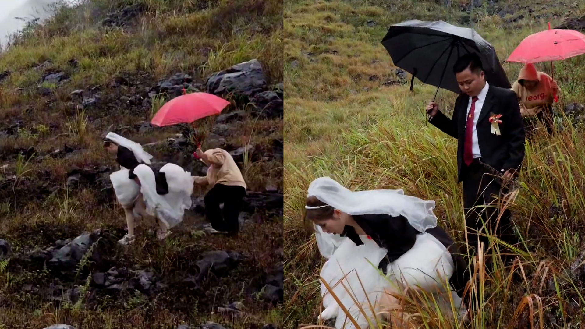 新人结婚当天瓢泼大雨,新娘翻山越岭去婆家,新郎举动引发热议哔哩哔哩bilibili