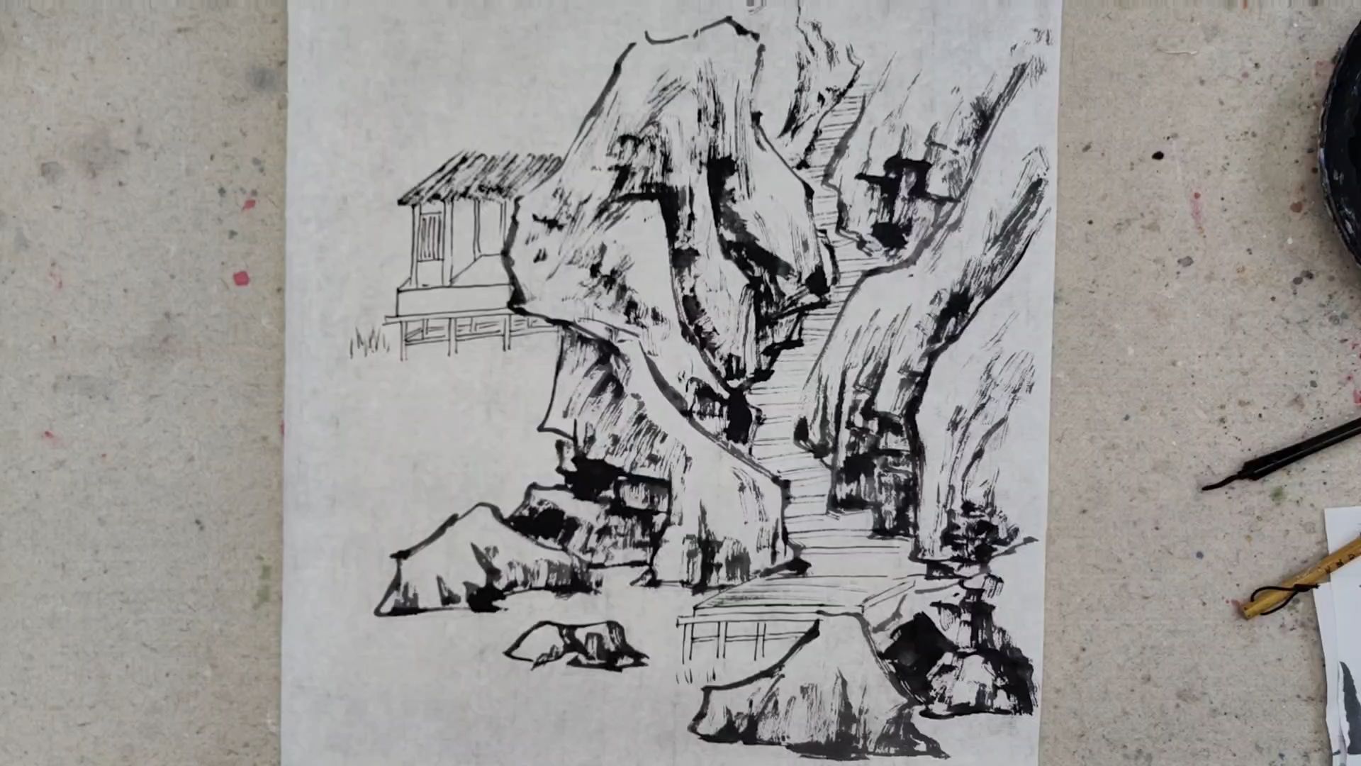 水边房屋勾线及山石小斧劈皴法讲解