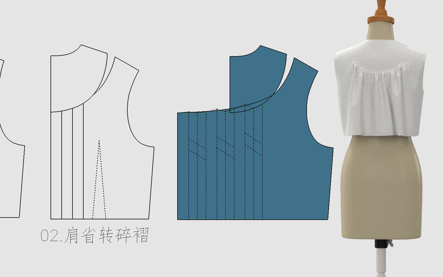 省道转移服装制版肩省转碎褶.省转移服装打版裁剪纸样