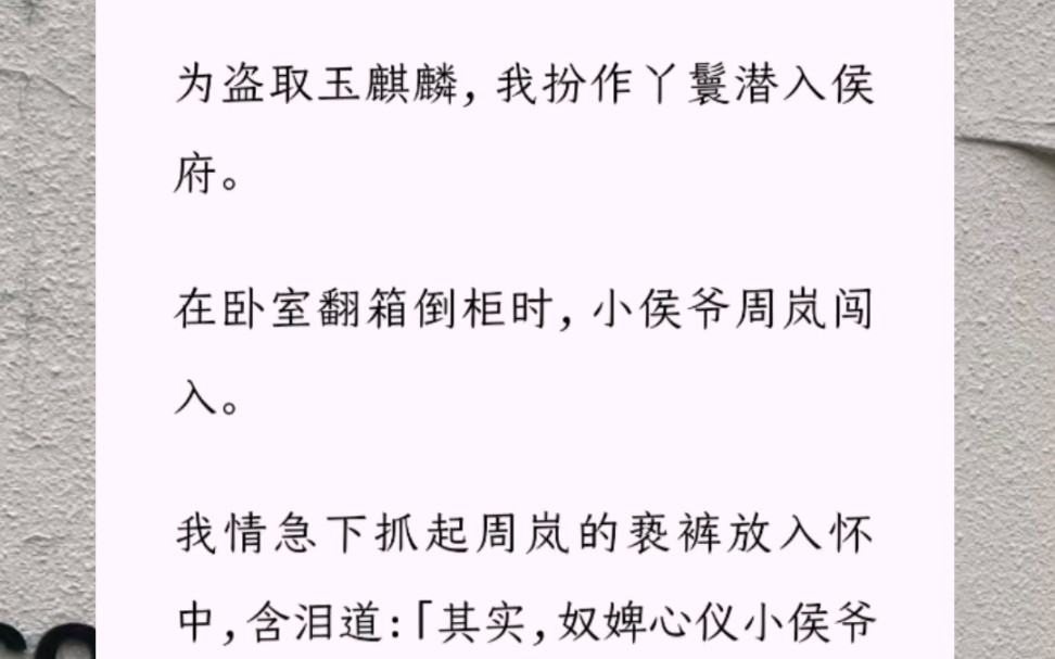 为盗取玉麒麟,我扮作丫鬟潜入侯府.在卧室翻箱倒柜时,小侯爷周岚闯入.我情急下抓起周岚的亵裤放入怀中,含泪道:「其实,奴婢心仪小侯爷已久……...