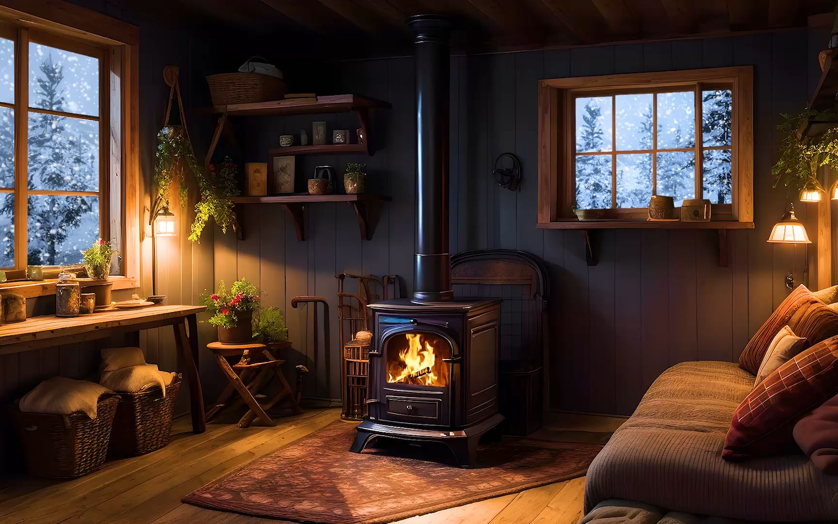 冬日温馨小木屋丨在舒适的木屋里躲避窗外的暴风雪,伴随着火炉声入睡