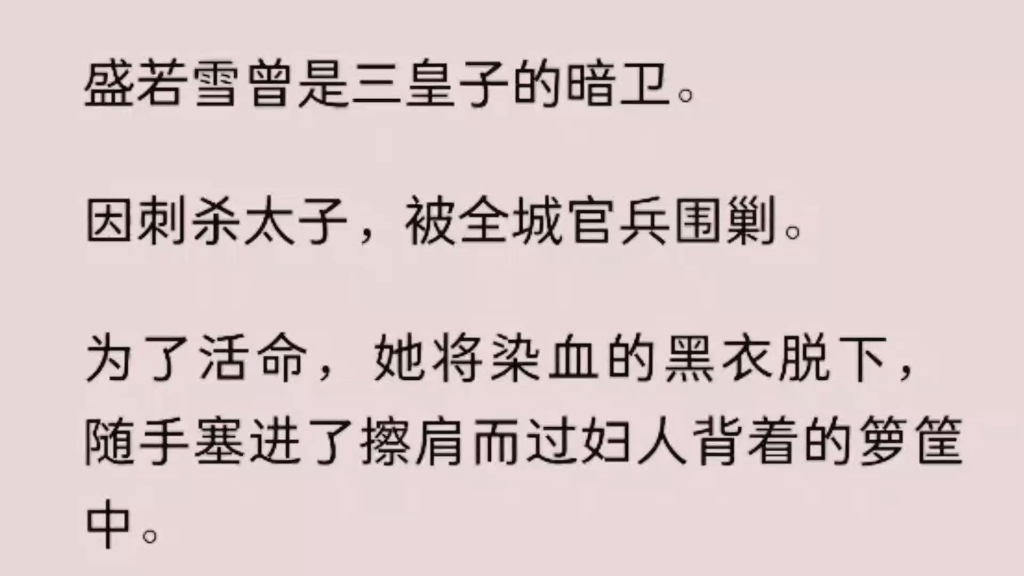 [图]【全文】盛若雪刺杀太子，被全城官兵围剿。为了活命她将染血的黑衣脱下，随手塞进了擦肩而过妇人背着的箩筐中。妇人出城时却因为血衣无端丢了性命。那妇人便是我阿娘