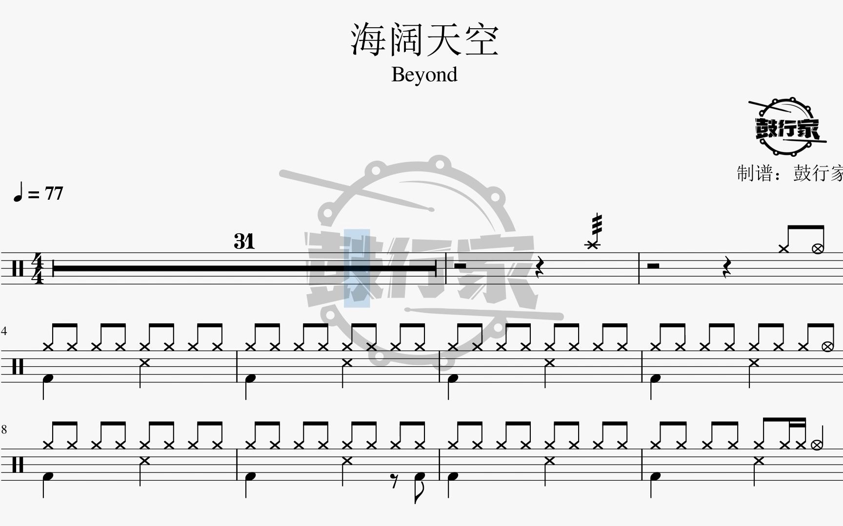 【鼓行家】海闊天空 - beyond 架子鼓 動態鼓譜