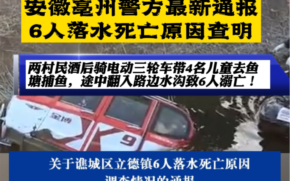 安徽亳州市警方通报6人落水死亡原因:两村民酒后骑电动三轮车带4名儿童去鱼塘捕鱼,途中翻入路边水沟致6人溺亡!哔哩哔哩bilibili