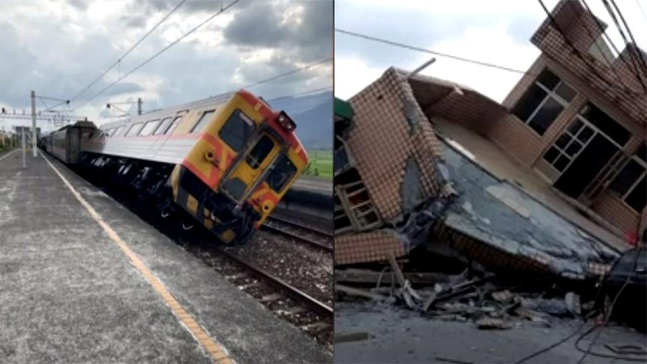台湾地震规模6.9,花莲县东里火车翻车,玉里镇3层楼倒塌废墟一片