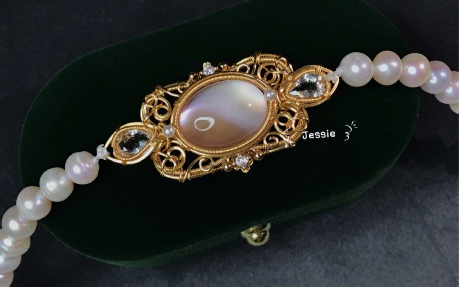 白水晶贴贝珍珠绕线项链