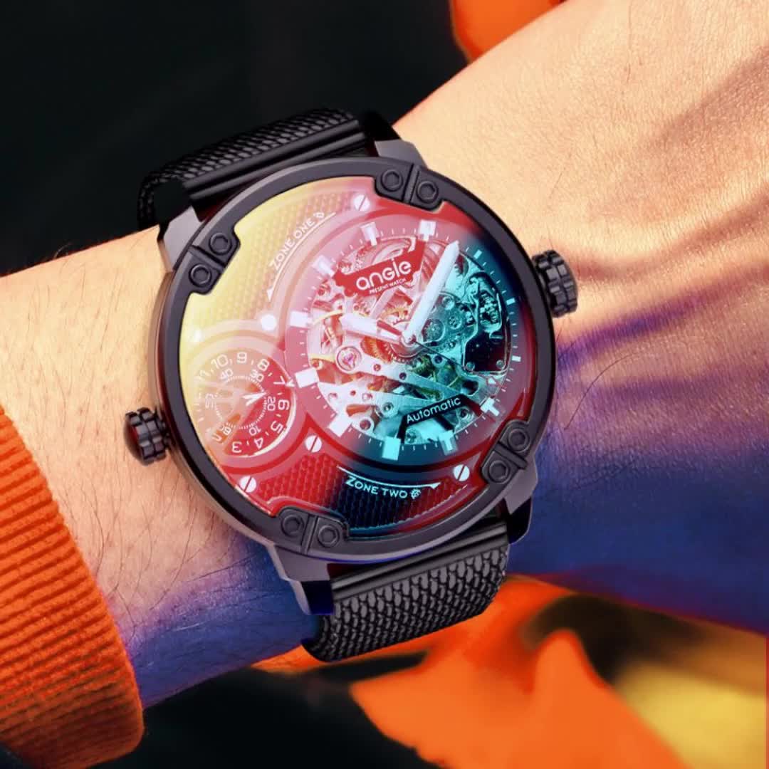 【115元券】angie每亨积手表男士炫酷镂空帅气机械表双时区大表盘个性