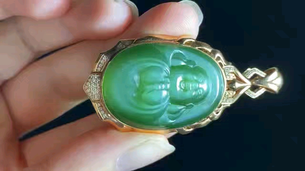 和田玉碧玉 俄碧 猫眼佛公 镶嵌18k金 挂件吊坠 猫眼效应好 料子细腻