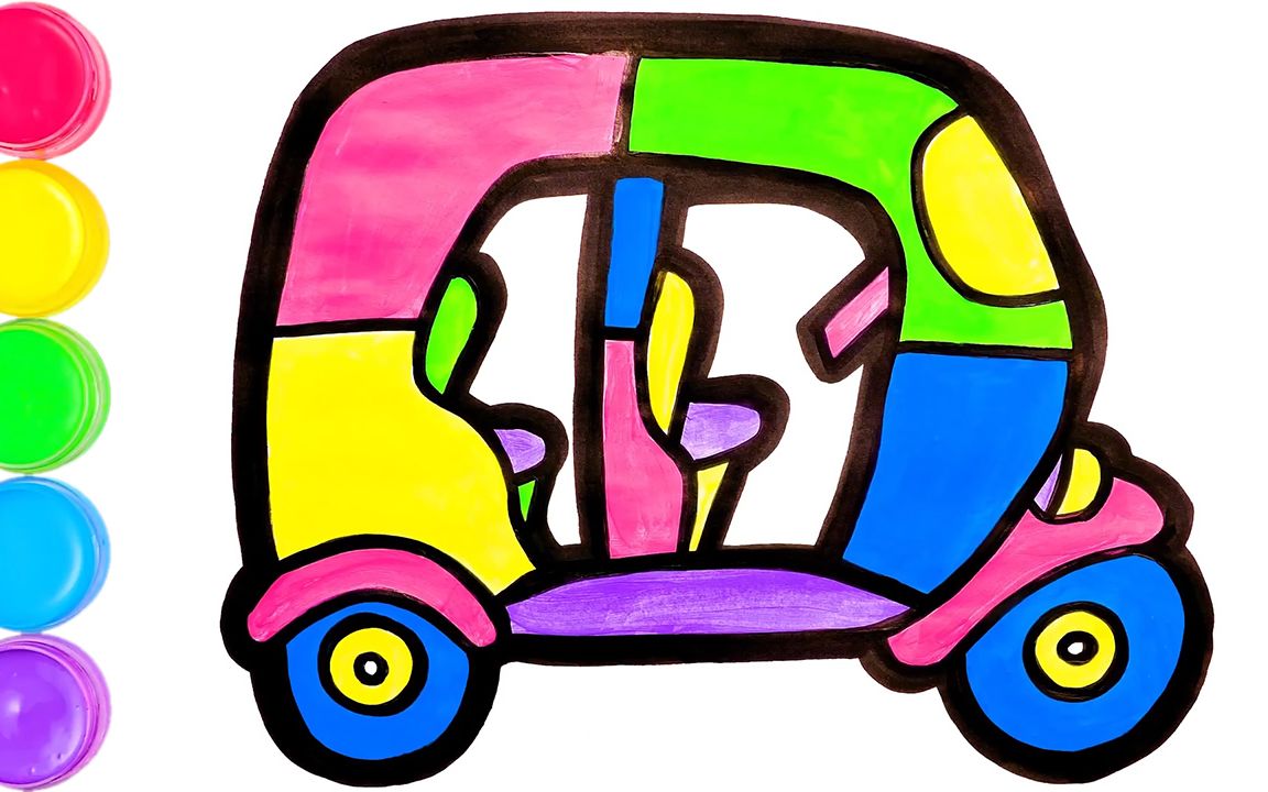 小星星简笔画:可爱的五彩面包车简笔画