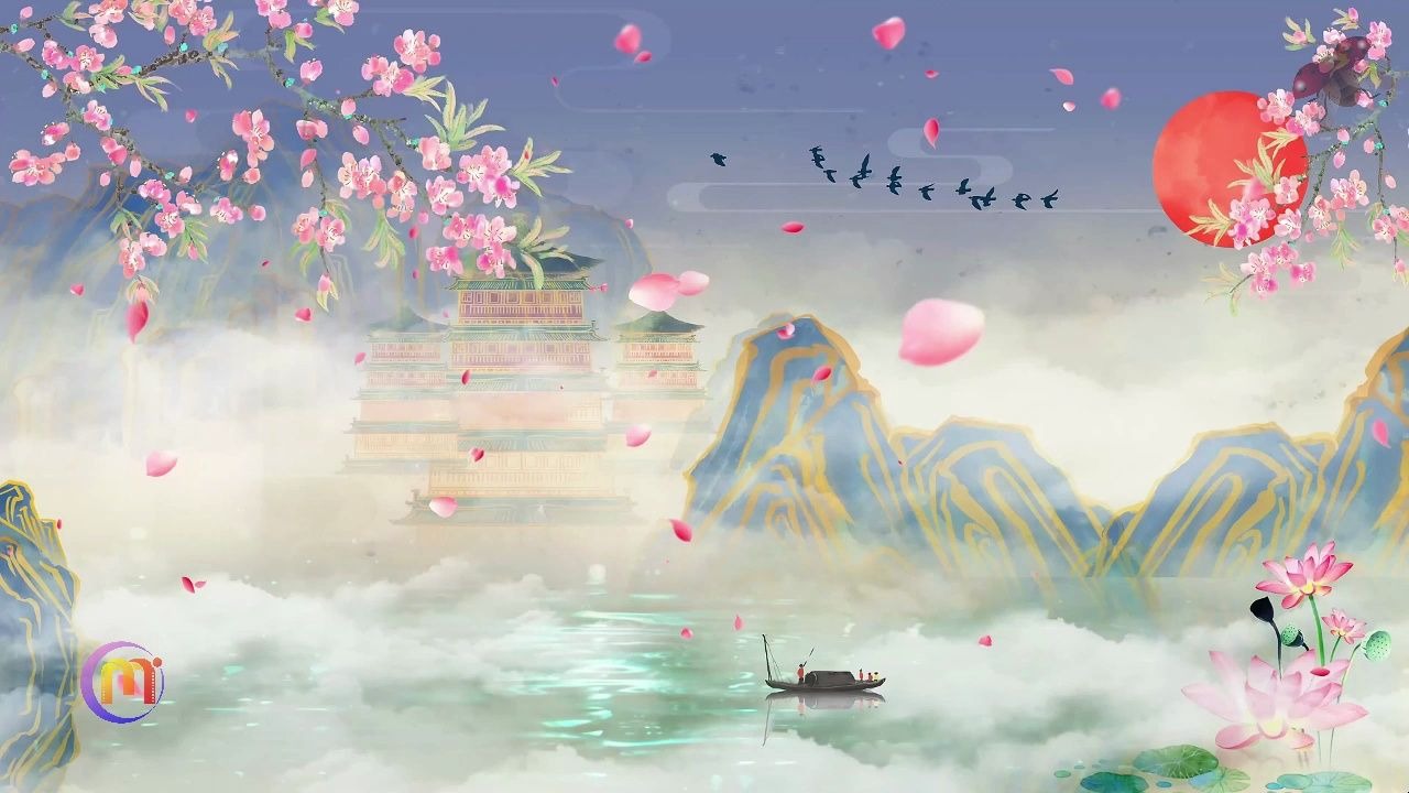 提琴演奏古风中国风山水水墨舞台演出节目大屏幕高清led背景视频素材