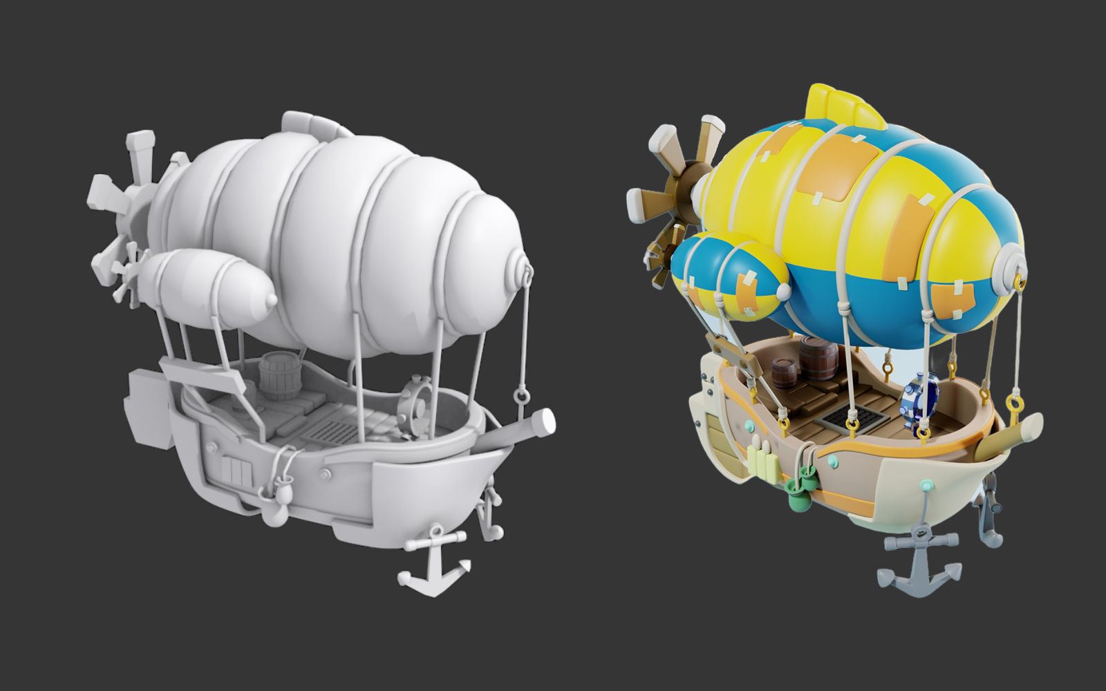 【3dmax教程】零基础"卡通小飞艇"模型案例制作,道具建模案例讲解,超