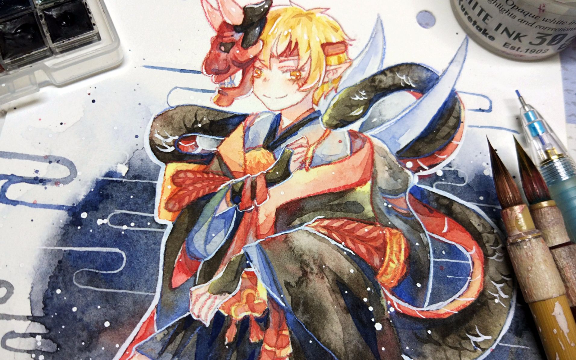 暄手绘阴阳师般若小可爱手绘水彩上色过程ww