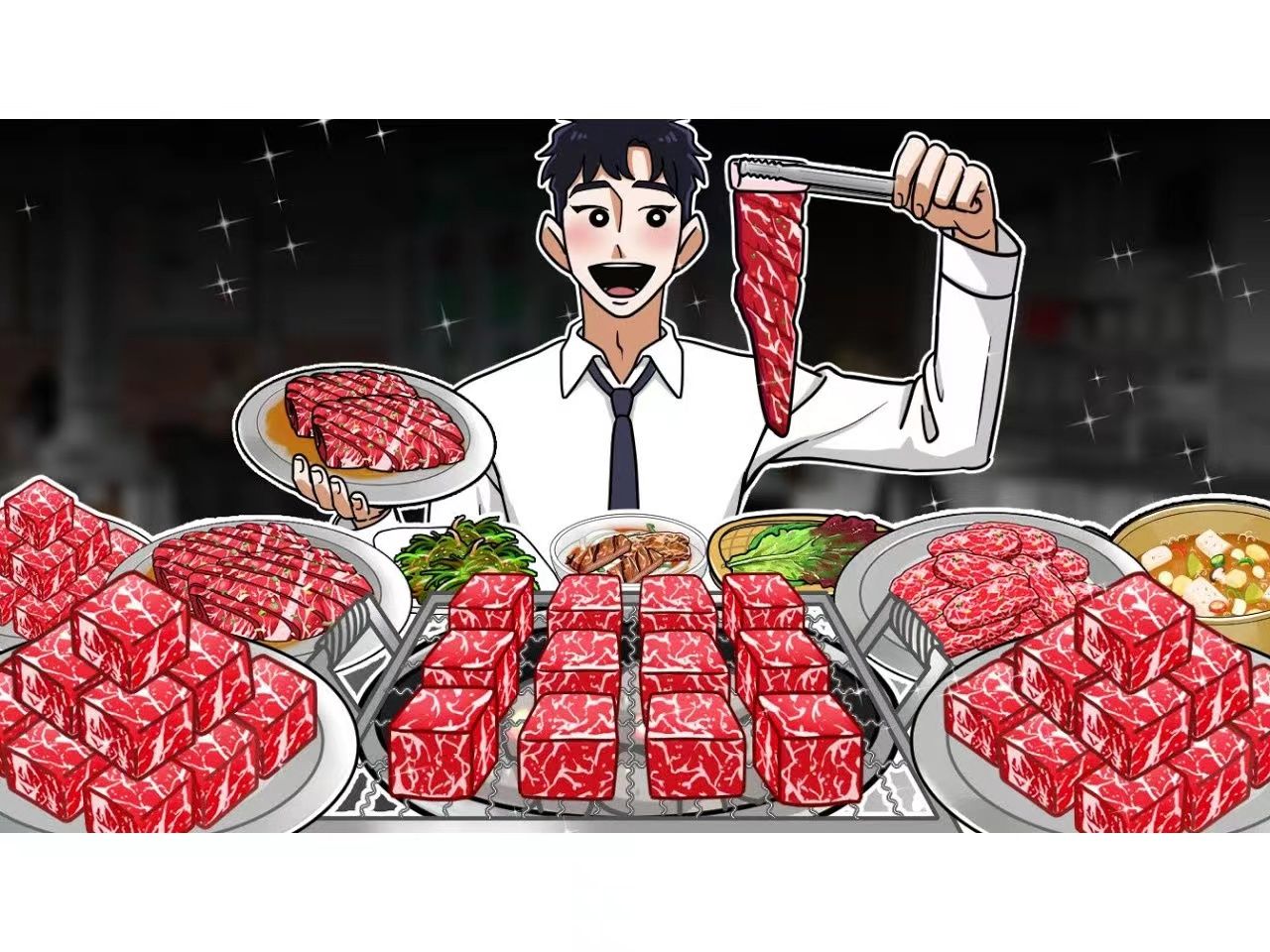 【动画吃播】下班后一个人吃韩式烤肉 牛肋条 牛五花 牛排骨