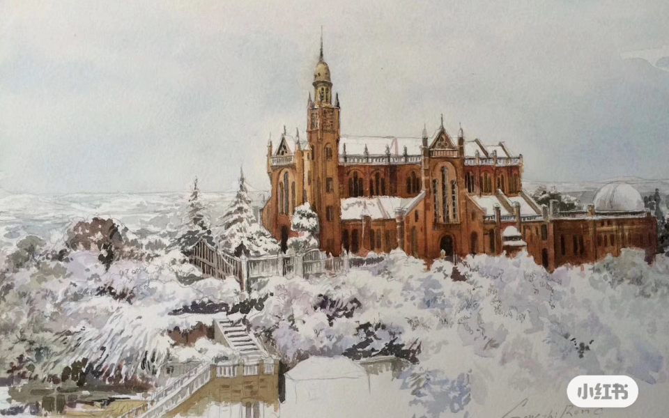 我的水彩画作品《雪后的佘山天主教堂》