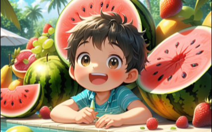 来和小男孩一起喝夏日果汁吧