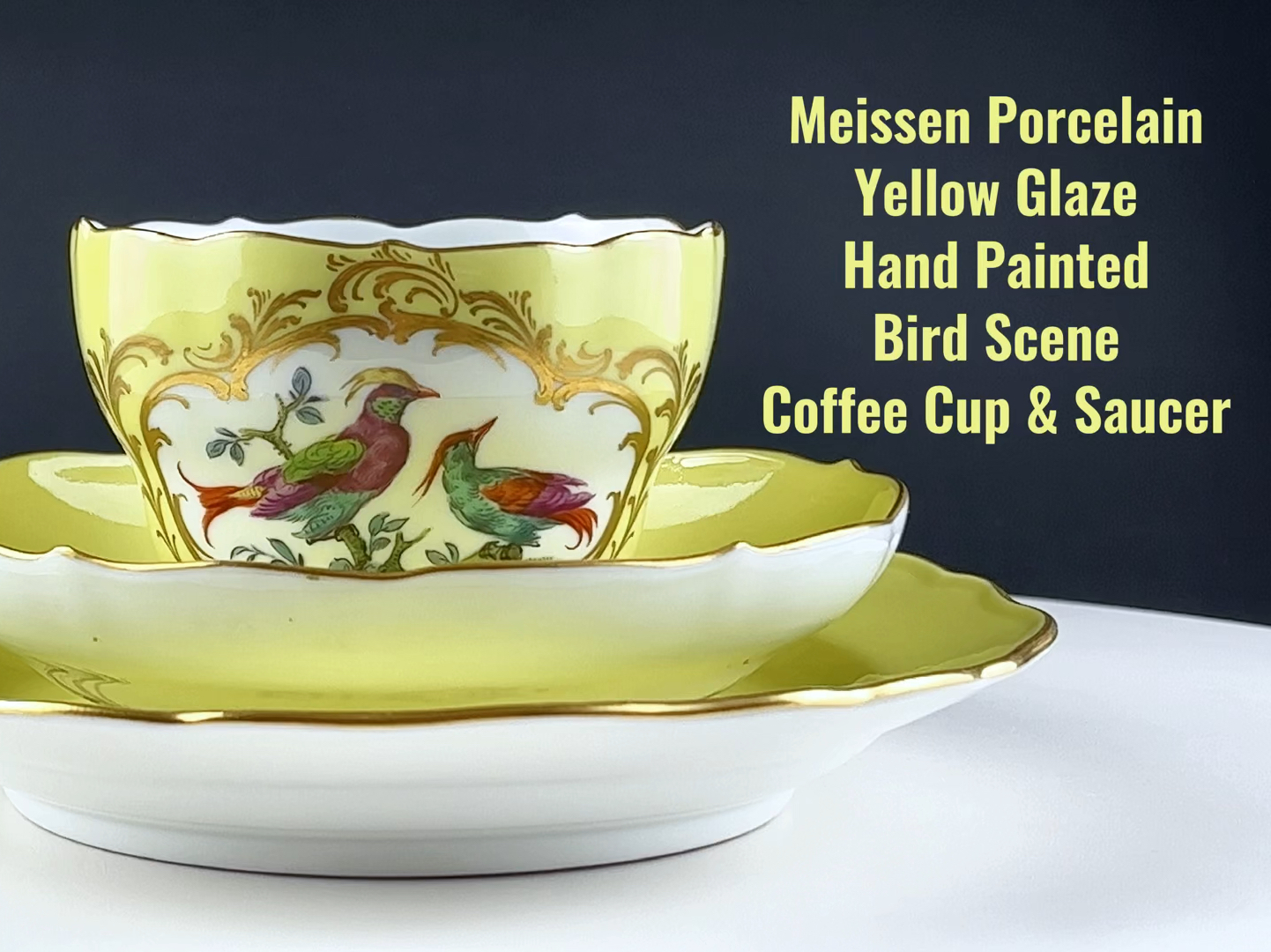 【瓷器】德国梅森瓷器 黄釉三开窗鸟画片咖啡器 一杯两碟 1人位 1850