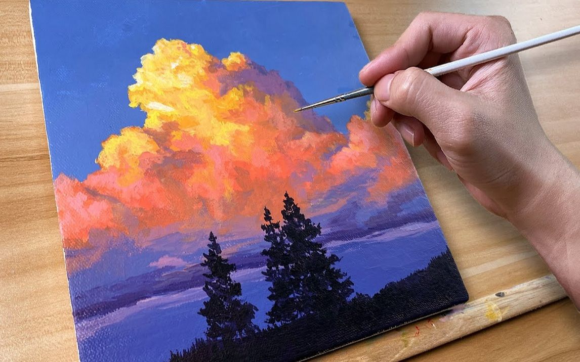 [图]【丙烯画】【绘画教程】落日的云-How to Paint Sunset Clouds Acrylic Painting