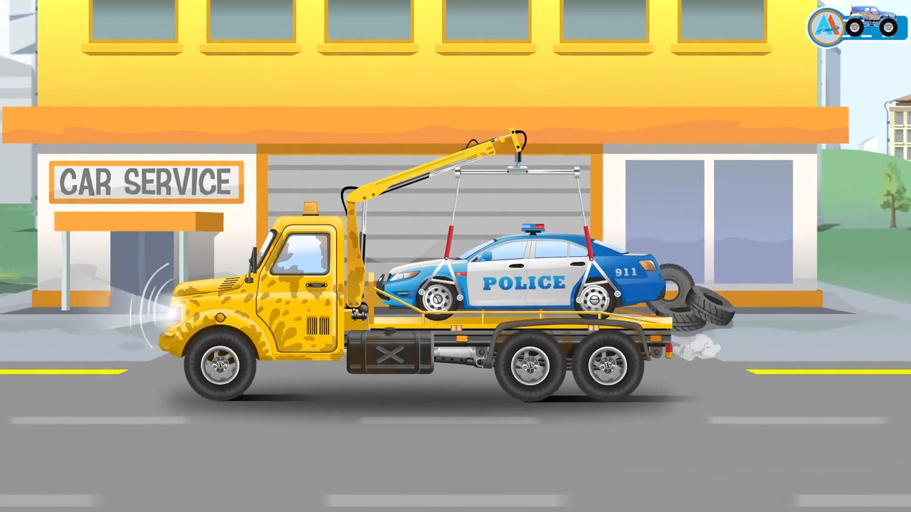 警车轮胎被树枝扎破《汽车动画城》儿童工程车动画