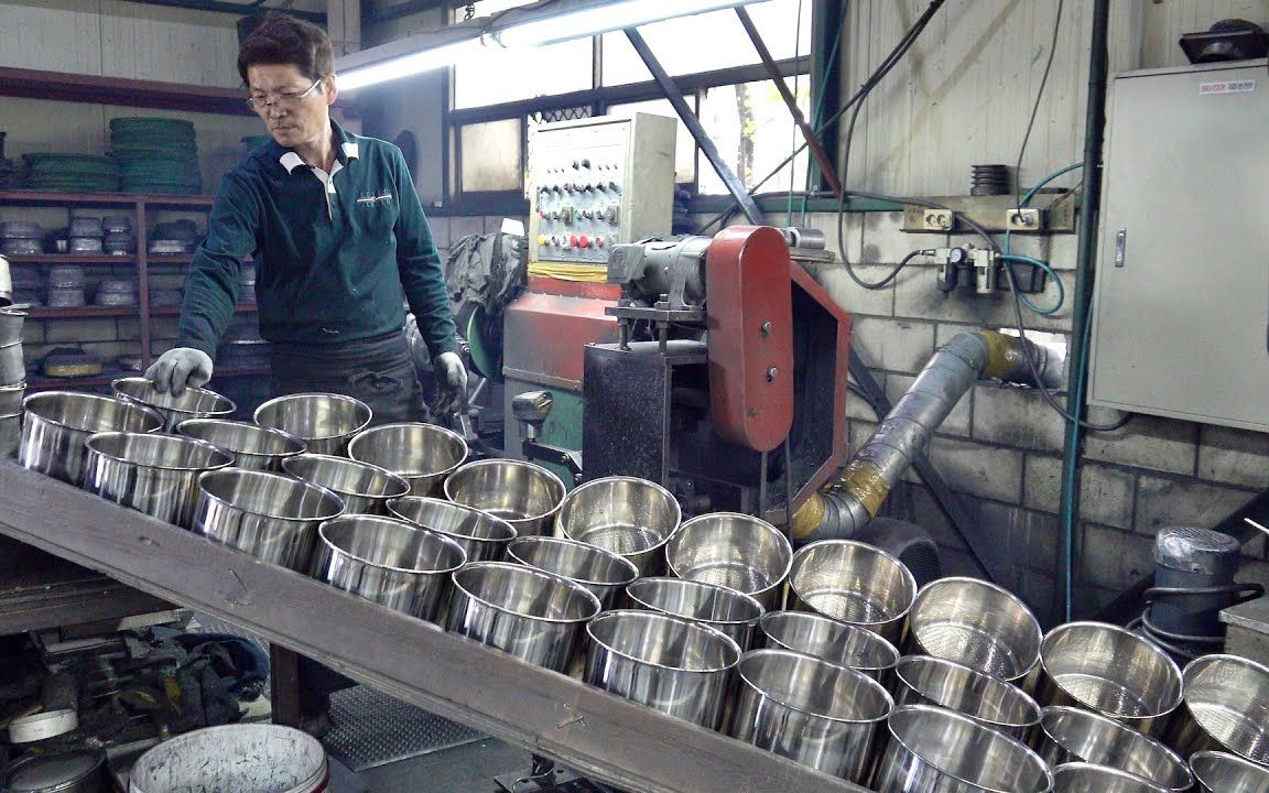 不锈钢锅大量生产过程.韩国金属炊具制造厂