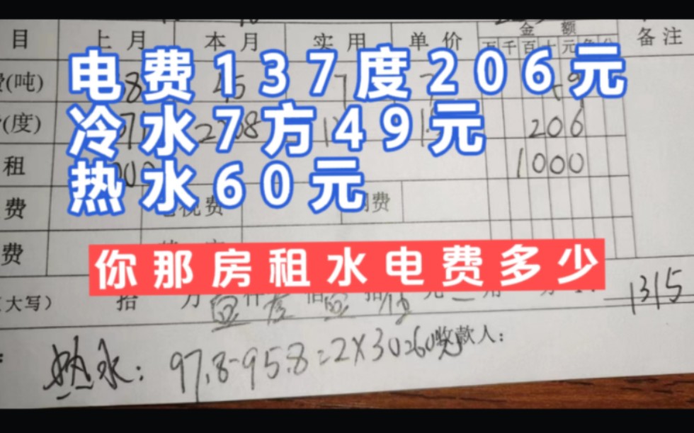 电137度206元,水7方49元,热水费60元,你那房租水电费是多少哔哩哔哩bilibili