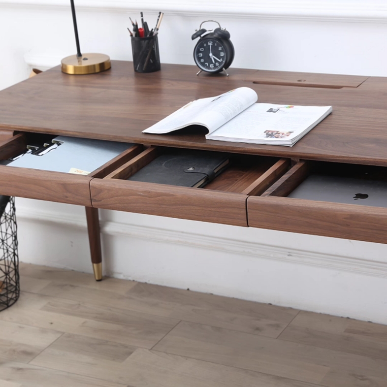 北欧黑胡桃木书桌电脑桌书房抽屉插线盒办公桌日式简约原木写字桌