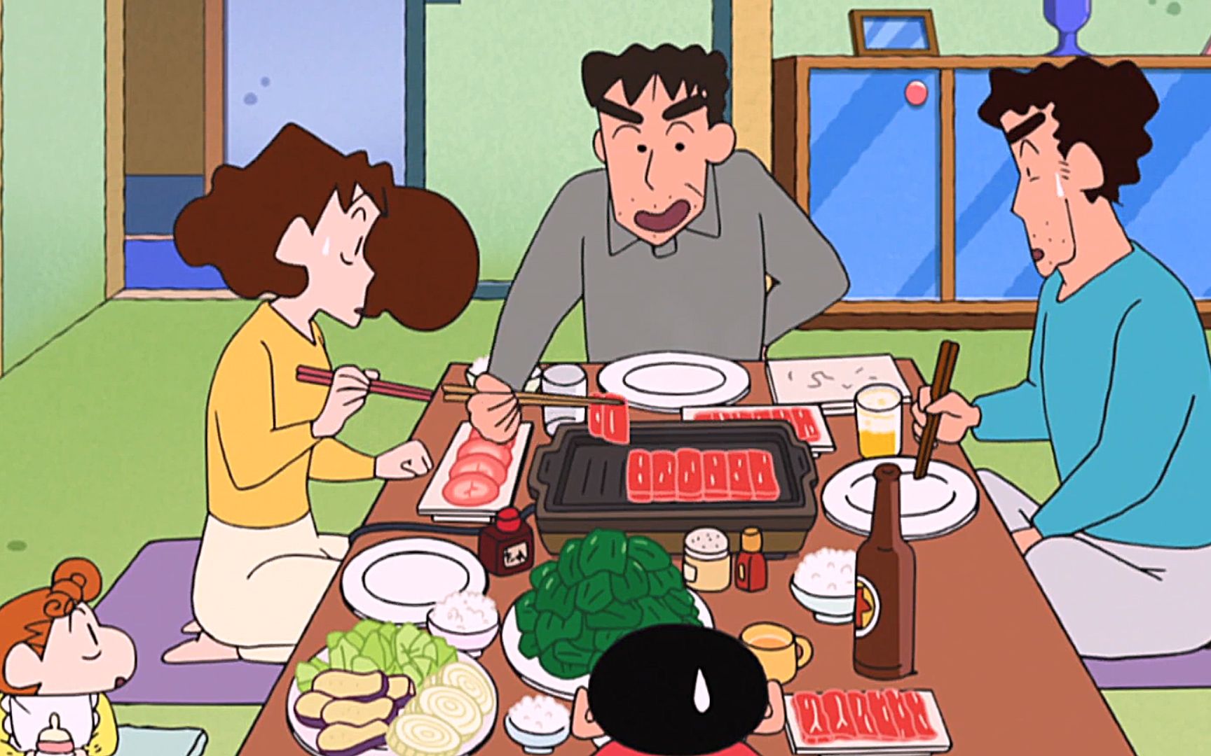 蜡笔小新:小新一家吃烤肉,不料狭志跑来蹭饭,结果苦了小新