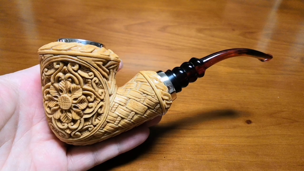 土耳其进口海泡石烟斗,特大号牛头花篮925双银圈空腔大气室弯斗,pelny