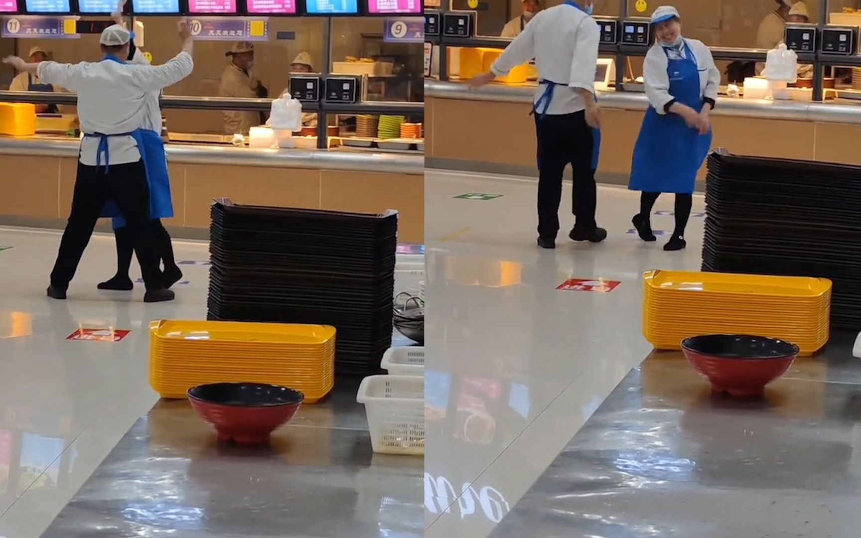 食堂叔叔阿姨闲暇浪漫共舞欢快舞姿默契配合引人直呼顶级浪漫