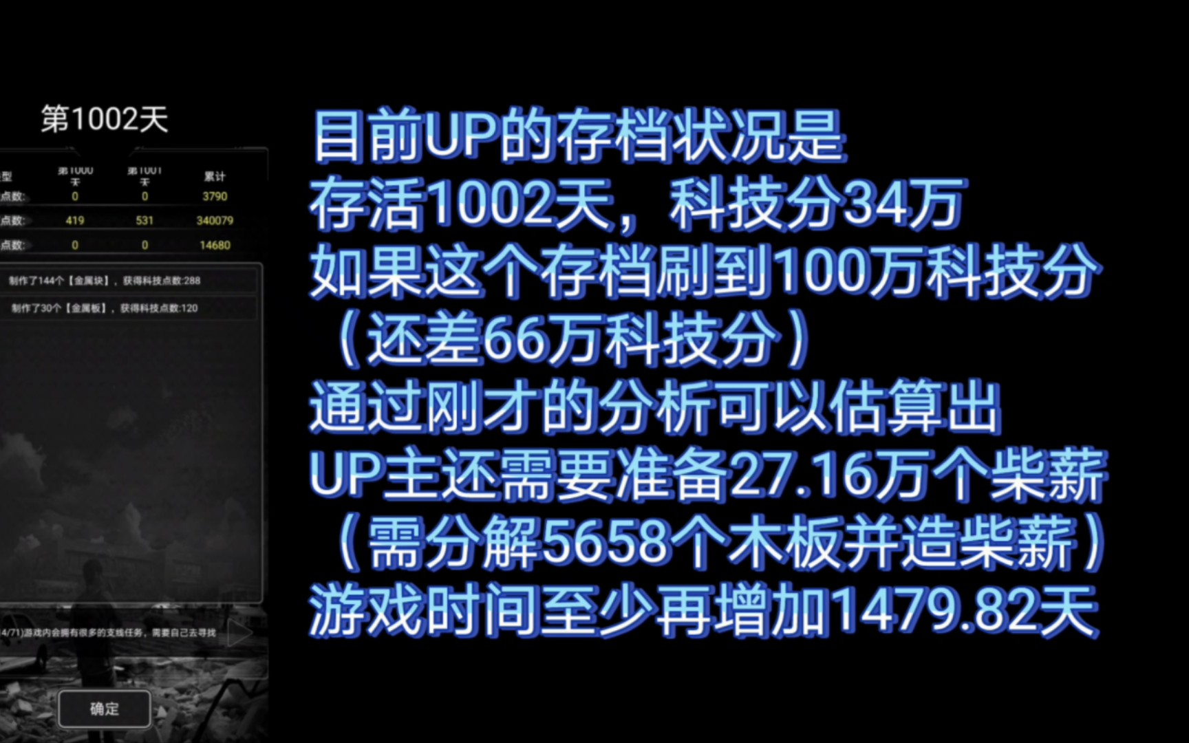 活下去9.04版本,我估算出了刷100万科技分需要炼金多少天,需要准备多少柴薪手机游戏热门视频