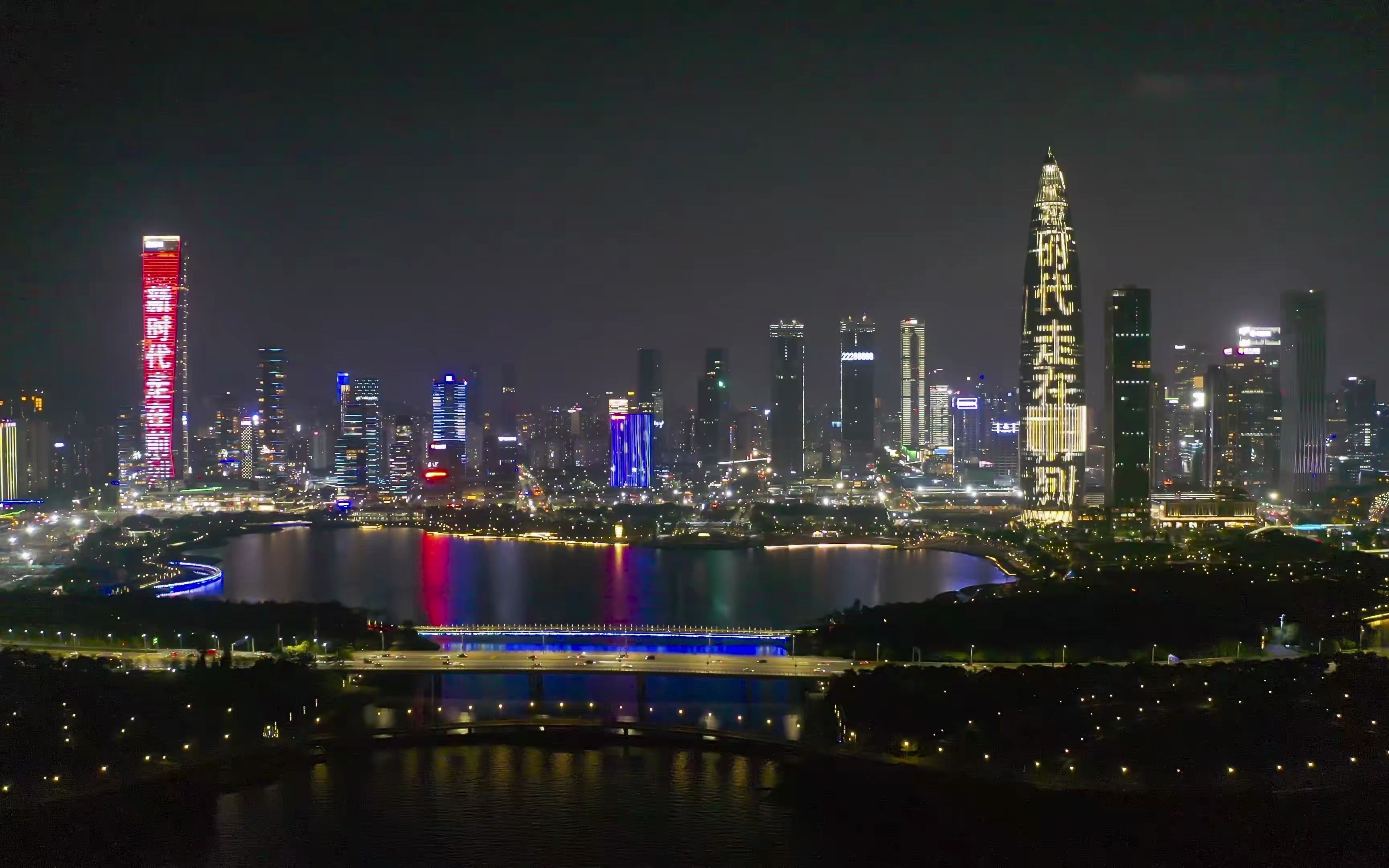 航拍深圳湾人才公园商业区和华润大厦夜景风貌新征程勇当尖兵