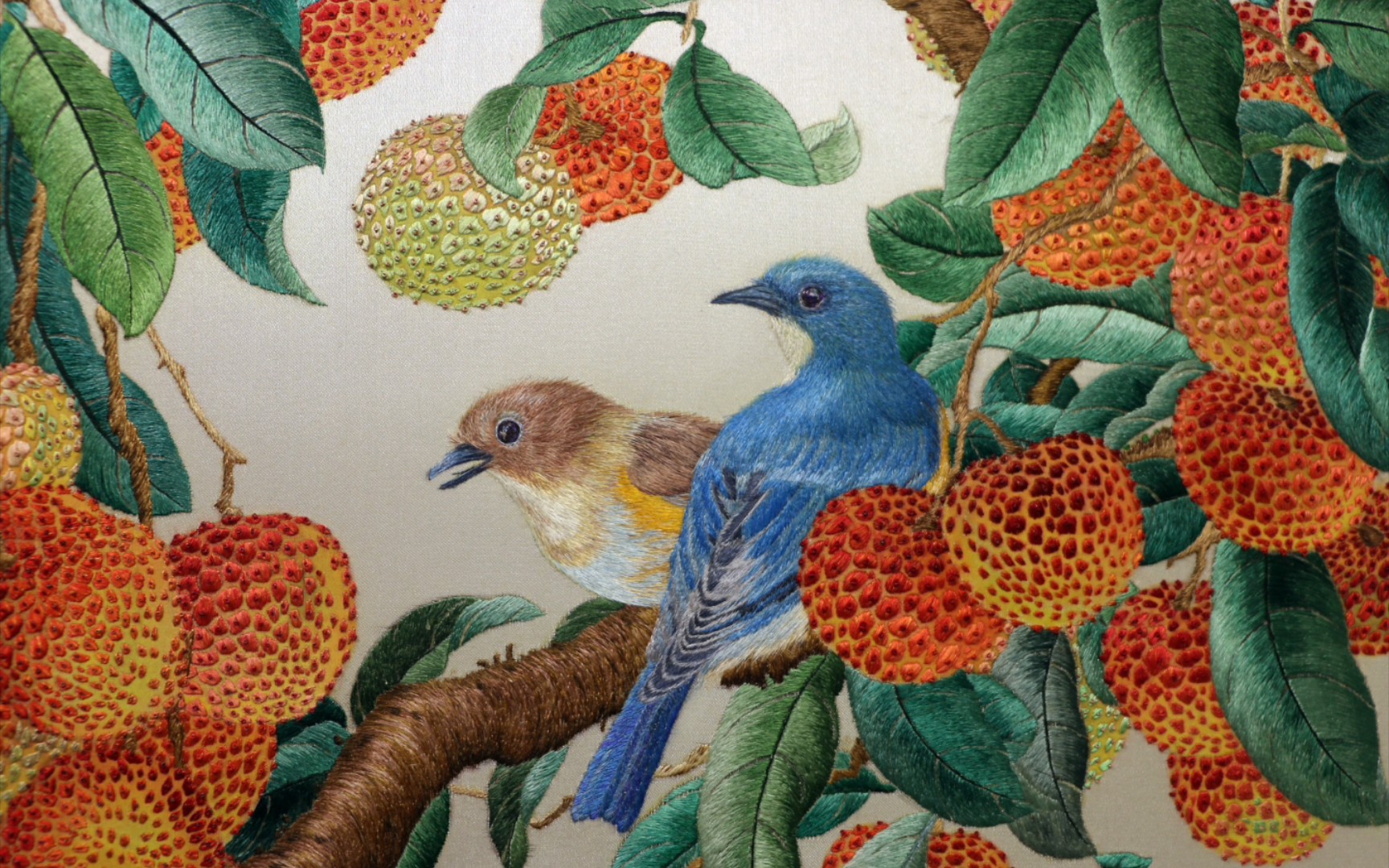 广绣~荔枝·海南蓝仙鹟