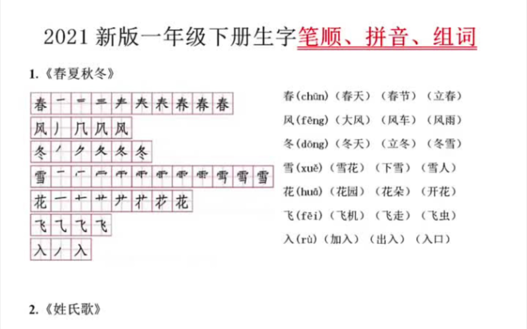 [图]一年级下册生字笔顺、拼音 、组词