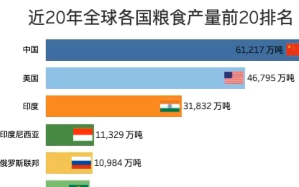 近20年世界各国粮食产量排名top20