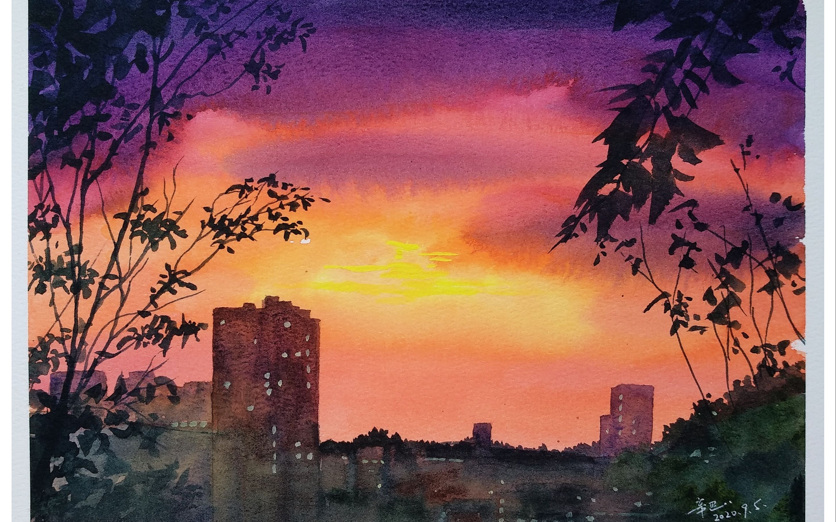 夕阳西下火红的天空|小风景团练|漫舞水彩